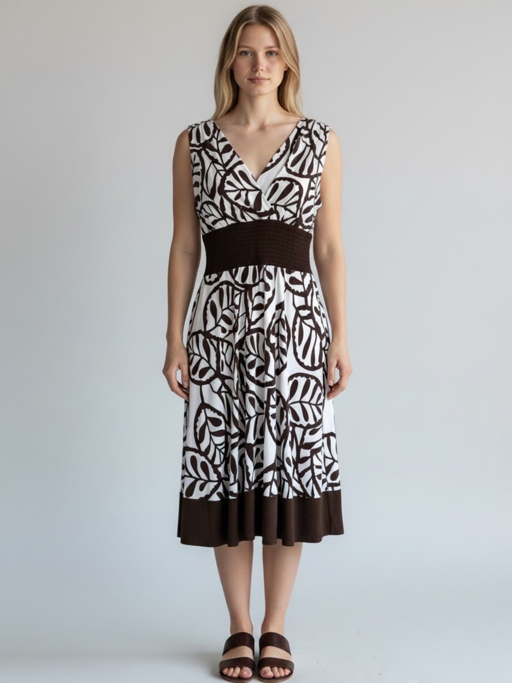 Rabbit Rabbit Rabbit Designs Brown White Leaf Print Sleeveless Midi Dress 8